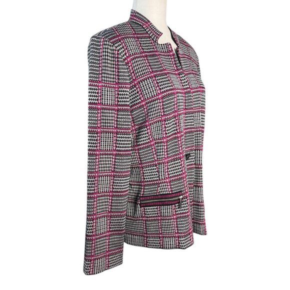 Ming Wang Women's Blazer Jacket Size L Pink Black White Plaid Knit Zip Pockets - Picture 4 of 10